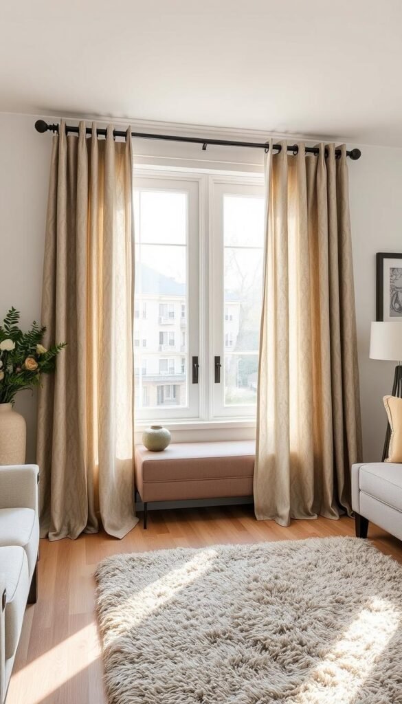 A cozy, well-lit living room with large windows letting in natural daylight. In the foreground, a pair of elegant curtains in a tasteful mix of grey and beige tones, showcasing a harmonious blend of patterns and textures. The curtains feature a subtle damask or jacquard design, with a touch of sheen and a soft, luxurious drape. In the middle ground, a plush, neutral-toned rug complements the curtain colors, adding depth and warmth to the space. The background features neutral-toned walls and simple, minimalist decor, allowing the curtains to take center stage as the focal point of the room. The overall mood is one of understated sophistication and comfort. A cozy, well-lit living room with large windows letting in natural daylight. In the foreground, a pair of elegant curtains in a tasteful mix of grey and beige tones, showcasing a harmonious blend of patterns and textures. The curtains feature a subtle damask or jacquard design, with a touch of sheen and a soft, luxurious drape. In the middle ground, a plush, neutral-toned rug complements the curtain colors, adding depth and warmth to the space. The background features neutral-toned walls and simple, minimalist decor, allowing the curtains to take center stage as the focal point of the room. The overall mood is one of understated sophistication and comfort.