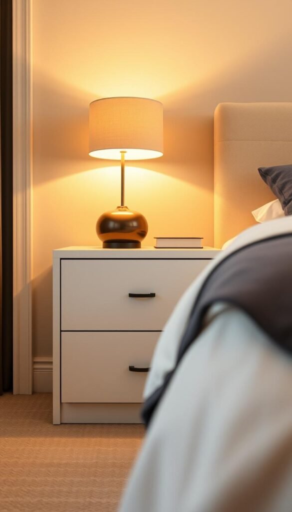 A cozy, well-lit nightstand with a modern, minimalist design. The nightstand features two deep drawers for ample storage, perfect for organizing bedroom essentials. Warm, diffused lighting emanates from a sleek lamp placed atop the nightstand, casting a soft, inviting glow. The nightstand's clean lines and neutral color palette seamlessly blend with the sophisticated decor of the bedroom, creating a harmonious and functional space. Shoot from a low, angled perspective to showcase the nightstand's elegant proportions and practical storage solutions. A cozy, well-lit nightstand with a modern, minimalist design. The nightstand features two deep drawers for ample storage, perfect for organizing bedroom essentials. Warm, diffused lighting emanates from a sleek lamp placed atop the nightstand, casting a soft, inviting glow. The nightstand's clean lines and neutral color palette seamlessly blend with the sophisticated decor of the bedroom, creating a harmonious and functional space. Shoot from a low, angled perspective to showcase the nightstand's elegant proportions and practical storage solutions.