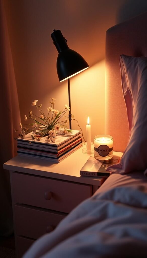 A cozy, well-lit teenage girl's bedroom nightstand, adorned with a delicate floral arrangement, a stack of fashion magazines, and a decorative candle flickering softly. The nightstand is positioned next to a plush, pale pink bed, casting a warm, intimate glow. The scene is captured from a low angle, emphasizing the inviting, personal ambiance. Soft, diffused lighting highlights the carefully curated decor, creating a serene, feminine atmosphere perfect for a chic, stylish bedroom.