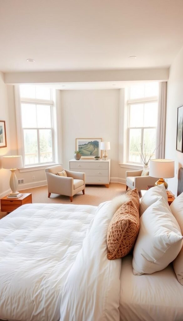 A cozy, well-organized bedroom with a clear purpose and layout. In the foreground, a neatly made bed with plush bedding and a variety of decorative pillows. Floating nightstands with reading lamps flank the bed. In the middle ground, a chic dresser and armchair create a conversation area. The background features large windows that flood the space with warm, natural light, illuminating a serene and calming atmosphere. Minimal, neutral-toned decor and artwork adorn the walls, emphasizing the room's functionality and intention. The overall scene conveys a sense of tranquility and intention, showcasing how thoughtful planning can transform a bedroom into a haven.