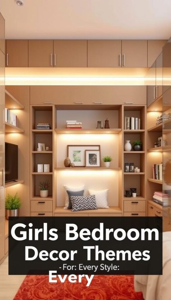 A cozy, well-organized bedroom with sleek, custom-built storage solutions that seamlessly blend form and function. Warm, diffused lighting illuminates floating shelves, elegant cabinets, and hidden compartments that maximize space, creating a harmonious and visually appealing atmosphere. The middle ground features a mix of decorative accents, plants, and personal touches, while the background showcases a clean, minimalist wall design. The overall scene conveys a sense of tranquility, efficiency, and stylish sophistication, perfectly complementing the "Girls Bedroom Decor Themes for Every Style" article. A cozy, well-organized bedroom with sleek, custom-built storage solutions that seamlessly blend form and function. Warm, diffused lighting illuminates floating shelves, elegant cabinets, and hidden compartments that maximize space, creating a harmonious and visually appealing atmosphere. The middle ground features a mix of decorative accents, plants, and personal touches, while the background showcases a clean, minimalist wall design. The overall scene conveys a sense of tranquility, efficiency, and stylish sophistication, perfectly complementing the "Girls Bedroom Decor Themes for Every Style" article.