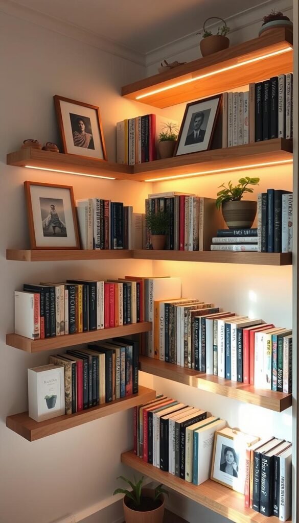 A cozy, well-organized book nook with floating shelves displaying an eclectic collection of hardcovers, paperbacks, and decorative items. Soft, warm lighting illuminates the space, creating a inviting, studious atmosphere. The shelves are arranged in a creative, asymmetrical pattern, allowing for both practical storage and artistic display. Framed artwork or plants add pops of color and texture, complementing the wood tones and neutral palette. The camera angle captures the shelves from a slightly elevated perspective, showcasing the clever use of vertical space and highlighting the thoughtful curation of the book display. A cozy, well-organized book nook with floating shelves displaying an eclectic collection of hardcovers, paperbacks, and decorative items. Soft, warm lighting illuminates the space, creating a inviting, studious atmosphere. The shelves are arranged in a creative, asymmetrical pattern, allowing for both practical storage and artistic display. Framed artwork or plants add pops of color and texture, complementing the wood tones and neutral palette. The camera angle captures the shelves from a slightly elevated perspective, showcasing the clever use of vertical space and highlighting the thoughtful curation of the book display.