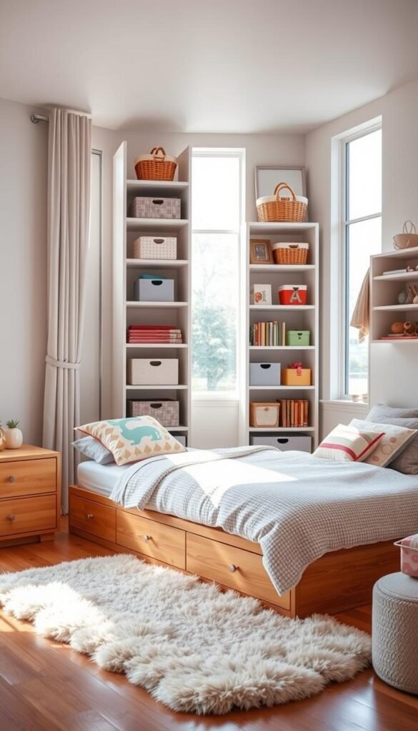 A cozy, well-organized girls' bedroom with smart storage solutions. In the foreground, a low, wooden platform bed with built-in drawers and shelves, complemented by a fluffy, colorful rug. In the middle ground, a tall, white bookshelf with various decorative baskets, boxes, and books, providing ample storage space. The background features large, airy windows with natural light streaming in, illuminating the space with a warm, inviting glow. The overall atmosphere is one of calm, efficiency, and personal style, perfect for a tidy and organized bedroom.