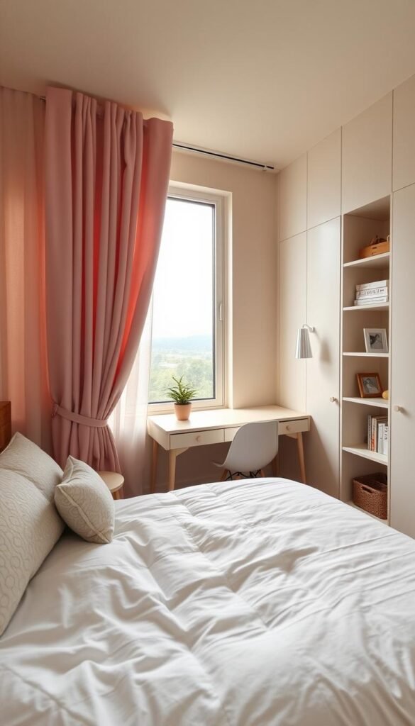 A cozy, well-organized girls bedroom with soft, natural lighting filtering through sheer curtains. In the foreground, a neatly arranged twin-size bed with a plush comforter and patterned throw pillows. Opposite, a compact desk with a potted plant and a modern desk lamp. Along the side wall, a minimalist bookshelf displaying a few cherished books and trinkets. In the background, a large window overlooking a tranquil outdoor scene. The overall atmosphere is warm, inviting, and reflective of a serene, personal sanctuary.
