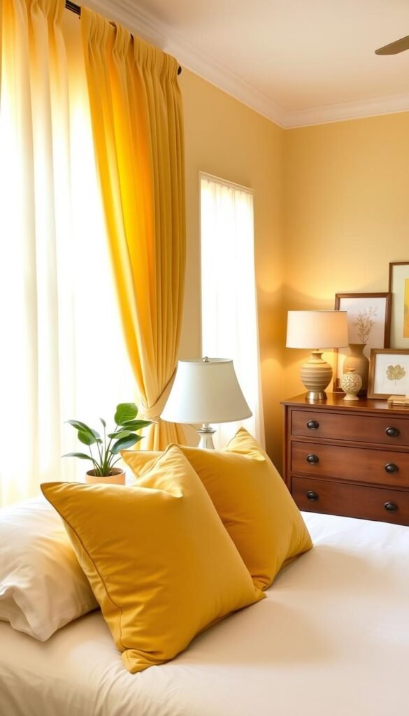 A cozy yellow-themed bedroom with sheer curtains draped elegantly over the windows, allowing soft, warm light to filter through. In the foreground, a pair of plush accent pillows in complementary shades sit atop a neatly made bed, while on the side table, a potted plant and a vintage-inspired table lamp create a cohesive, inviting atmosphere. The middle ground features a wooden dresser with decorative vases and framed artwork, reflecting the overall color scheme. The background reveals tasteful wall decor, perhaps a minimalist gallery wall or a large-scale botanical print, tying the space together seamlessly. The lighting is soft and diffused, creating a serene, relaxing mood perfect for a restful retreat. A cozy yellow-themed bedroom with sheer curtains draped elegantly over the windows, allowing soft, warm light to filter through. In the foreground, a pair of plush accent pillows in complementary shades sit atop a neatly made bed, while on the side table, a potted plant and a vintage-inspired table lamp create a cohesive, inviting atmosphere. The middle ground features a wooden dresser with decorative vases and framed artwork, reflecting the overall color scheme. The background reveals tasteful wall decor, perhaps a minimalist gallery wall or a large-scale botanical print, tying the space together seamlessly. The lighting is soft and diffused, creating a serene, relaxing mood perfect for a restful retreat.