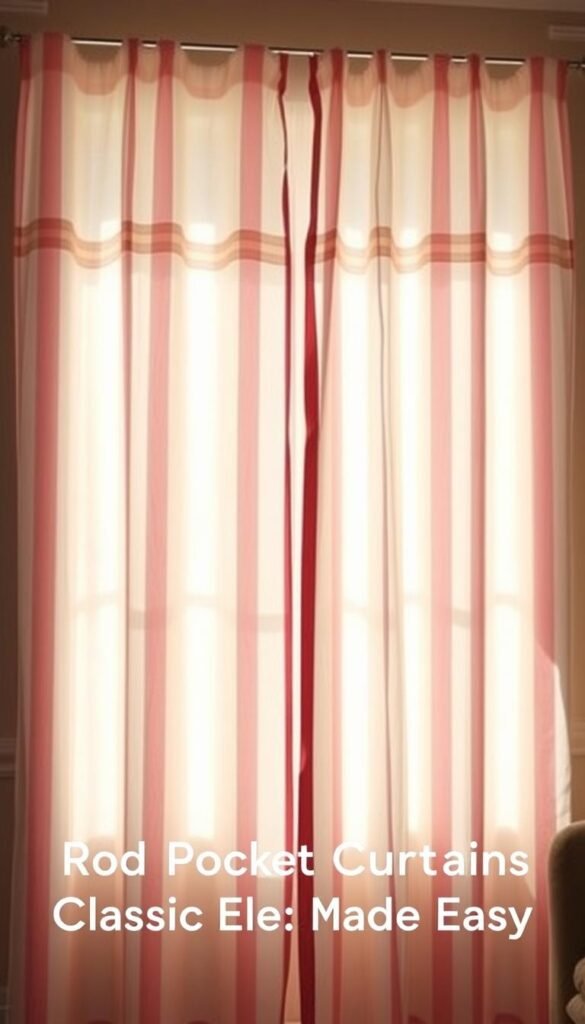 A delicate pair of pink and white striped rod pocket curtains, softly billowing in a warm, natural light. The curtains are made of a lightweight, sheer fabric that gently drapes over a sleek metal curtain rod, creating a classic, elegant silhouette. The pleats and folds of the fabric are subtly accentuated, lending an air of sophistication to the scene. The curtains are positioned in front of a large window, allowing the sunlight to filter through and cast a warm, inviting glow throughout the space. The overall atmosphere is one of refined simplicity, perfectly complementing the section title "Rod Pocket Style Curtains: Classic Elegance Made Easy".