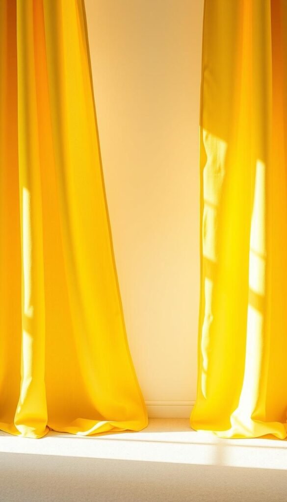 A detailed comparison of different material samples for vibrant yellow curtains, showcased against a soft, diffused lighting setup. The fabrics are displayed in a clean, minimalist arrangement, allowing their unique textures and hues to be the focal point. Warm, natural lighting from the side casts subtle shadows, accentuating the depth and nuances of each material. The composition is balanced, with the curtain samples occupying the middle ground, framed by a simple, muted background that does not distract from the central focus. The overall mood is one of calm, thoughtful consideration, inviting the viewer to closely examine and appreciate the qualities of each curtain fabric option. A detailed comparison of different material samples for vibrant yellow curtains, showcased against a soft, diffused lighting setup. The fabrics are displayed in a clean, minimalist arrangement, allowing their unique textures and hues to be the focal point. Warm, natural lighting from the side casts subtle shadows, accentuating the depth and nuances of each material. The composition is balanced, with the curtain samples occupying the middle ground, framed by a simple, muted background that does not distract from the central focus. The overall mood is one of calm, thoughtful consideration, inviting the viewer to closely examine and appreciate the qualities of each curtain fabric option.