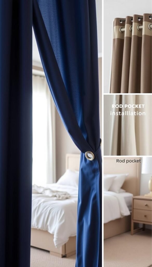 A detailed interior scene showcasing various curtain installation options. In the foreground, a vibrant navy blue curtain panel hangs gracefully, highlighting the intricate grommet detailing. In the middle ground, a plush bed with crisp white linens serves as the focal point, while a sheer curtain with a rod pocket installation frames the scene. In the background, a neutral-toned wall creates a calming backdrop, accentuating the depth and texture of the layered curtain treatments. Soft, natural lighting filters through the windows, casting a warm, inviting glow across the space. The overall composition emphasizes the versatility and visual impact of different curtain hanging techniques within a cozy, bedroom setting.