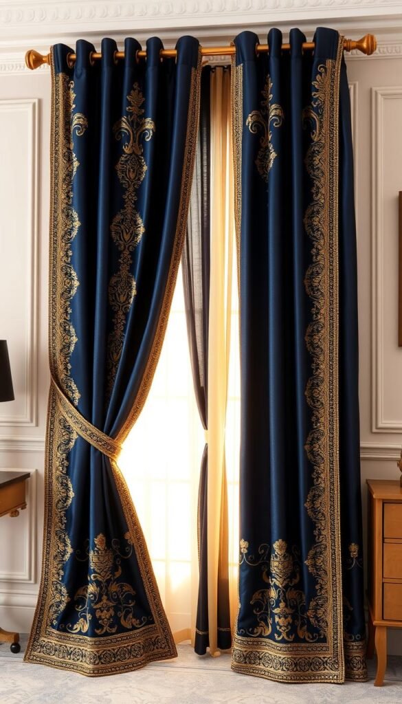 A detailed, side-by-side comparison of two luxurious navy blue and gold curtain panels. In the foreground, a custom-made curtain set with intricate embroidered patterns and a rich, shimmering gold trim. In the middle ground, a ready-made curtain pair in a more subdued navy and gold design. Soft, warm lighting casts a golden glow, highlighting the textural differences and sumptuous fabrics. The background is a minimalist, elegant bedroom setting, allowing the curtains to be the focal point. The overall atmosphere exudes sophistication and opulence, inviting the viewer to envision these curtains enhancing a glamorous bedroom space. A detailed, side-by-side comparison of two luxurious navy blue and gold curtain panels. In the foreground, a custom-made curtain set with intricate embroidered patterns and a rich, shimmering gold trim. In the middle ground, a ready-made curtain pair in a more subdued navy and gold design. Soft, warm lighting casts a golden glow, highlighting the textural differences and sumptuous fabrics. The background is a minimalist, elegant bedroom setting, allowing the curtains to be the focal point. The overall atmosphere exudes sophistication and opulence, inviting the viewer to envision these curtains enhancing a glamorous bedroom space.