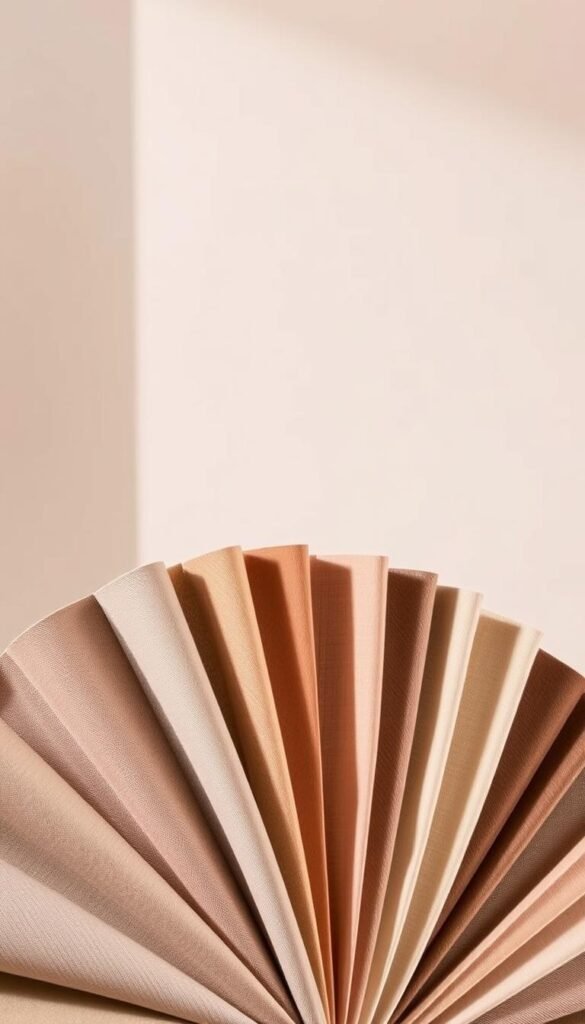 A detailed visual guide showcasing the diverse spectrum of taupe hues. In the foreground, a carefully curated arrangement of taupe fabric samples, arranged in a fan-like display to highlight the nuanced variations in tone, texture, and undertone. The middle ground features a soft, diffused backdrop, subtly shifting from warm to cool tones, creating a sense of depth and atmosphere. Lighting is natural and evenly distributed, accentuating the depth and richness of the taupe shades. The overall composition conveys a sense of sophisticated simplicity, inviting the viewer to explore the subtle complexities of this versatile neutral color.