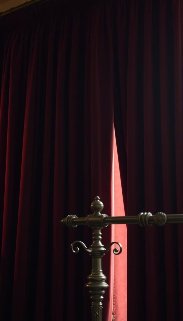 A dimly lit academic study, the walls draped in heavy, somber curtains in a rich, burgundy hue. The curtains are meticulously hung, with crisp, precise folds and delicate pleats, creating an elegant, old-world ambiance. The lighting is soft and warm, casting a golden glow across the room, highlighting the intricate textures of the fabric. In the foreground, a vintage curtain rod stands proudly, its ornate metalwork gleaming. The camera angle is slightly elevated, capturing the full height of the curtains, their weight and grandeur on full display. The overall atmosphere is one of refined sophistication, an homage to the traditions of academia and the art of thoughtful, deliberate interior design. A dimly lit academic study, the walls draped in heavy, somber curtains in a rich, burgundy hue. The curtains are meticulously hung, with crisp, precise folds and delicate pleats, creating an elegant, old-world ambiance. The lighting is soft and warm, casting a golden glow across the room, highlighting the intricate textures of the fabric. In the foreground, a vintage curtain rod stands proudly, its ornate metalwork gleaming. The camera angle is slightly elevated, capturing the full height of the curtains, their weight and grandeur on full display. The overall atmosphere is one of refined sophistication, an homage to the traditions of academia and the art of thoughtful, deliberate interior design.