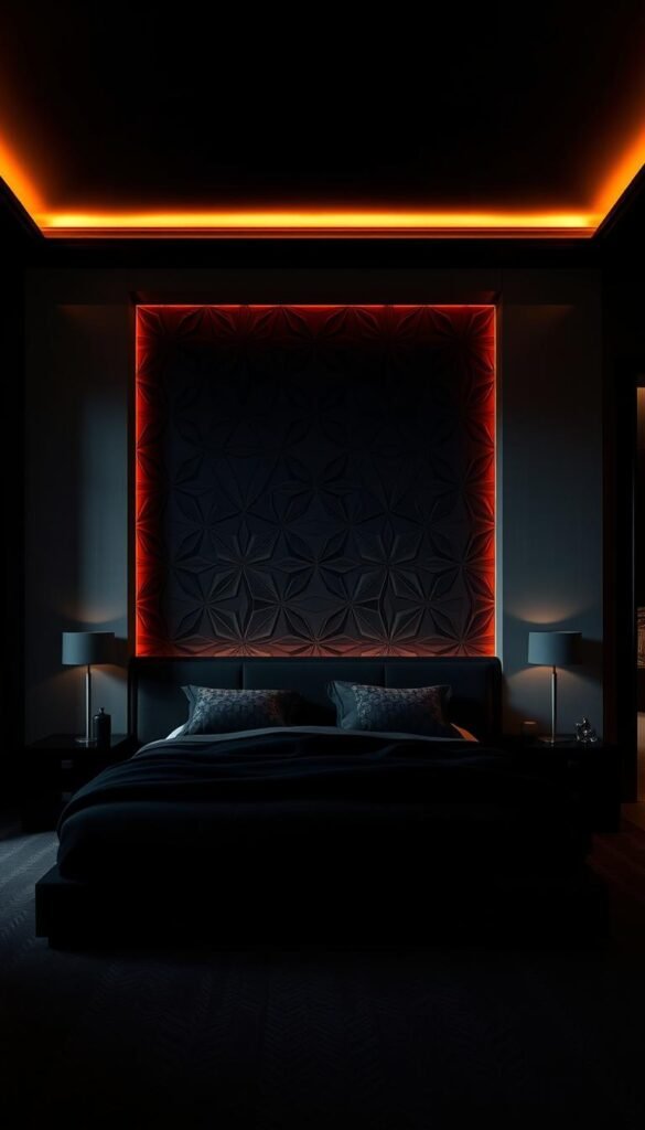 A dimly lit, luxurious bedroom with a bold, dark accent wall featuring a captivating geometric pattern. The wall is illuminated by warm, subtle lighting that casts dramatic shadows, creating a moody and sophisticated ambiance. The pattern is a mesmerizing interplay of sharp angles and soft curves, blending seamlessly with the room's neutral color palette. The wall serves as the centerpiece, drawing the eye and commanding attention, while the rest of the space remains minimalist and uncluttered, allowing the accent wall to shine. The overall impression is one of understated elegance and a touch of mystery, perfectly capturing the essence of "Don't Be Afraid of Bold Accents: Wallpaper and Dark Hues". A dimly lit, luxurious bedroom with a bold, dark accent wall featuring a captivating geometric pattern. The wall is illuminated by warm, subtle lighting that casts dramatic shadows, creating a moody and sophisticated ambiance. The pattern is a mesmerizing interplay of sharp angles and soft curves, blending seamlessly with the room's neutral color palette. The wall serves as the centerpiece, drawing the eye and commanding attention, while the rest of the space remains minimalist and uncluttered, allowing the accent wall to shine. The overall impression is one of understated elegance and a touch of mystery, perfectly capturing the essence of "Don't Be Afraid of Bold Accents: Wallpaper and Dark Hues".