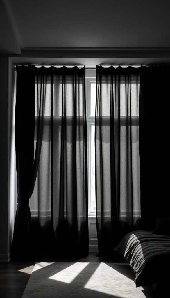 A dramatic, high-contrast bedroom scene with sleek, luxurious black curtains that dramatically frame the windows, casting dramatic shadows and silhouettes across the room. The curtains filter and control the natural light, creating a cozy, intimate ambiance. Soft, diffused lighting from hidden sources illuminates the space, accentuating the textured fabrics and clean lines. The room is sparsely furnished, with a minimalist, modern aesthetic that allows the curtains to be the visual focal point, showcasing their functional beauty and ability to transform the mood and atmosphere. A dramatic, high-contrast bedroom scene with sleek, luxurious black curtains that dramatically frame the windows, casting dramatic shadows and silhouettes across the room. The curtains filter and control the natural light, creating a cozy, intimate ambiance. Soft, diffused lighting from hidden sources illuminates the space, accentuating the textured fabrics and clean lines. The room is sparsely furnished, with a minimalist, modern aesthetic that allows the curtains to be the visual focal point, showcasing their functional beauty and ability to transform the mood and atmosphere.