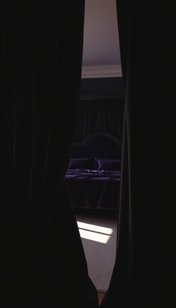 A dramatic, luxurious bedroom scene. In the foreground, a pair of flowing, midnight-black velvet curtains cascade elegantly, their soft folds and plush texture inviting touch. Gentle light from a nearby window filters through, casting a warm, moody glow. In the middle ground, a stately, four-poster bed is draped with more sumptuous velvet, its deep hues creating a cocooning, cocoon-like ambiance. Shadows and highlights interplay, highlighting the fabric's depth and richness. In the background, the walls are painted in a deep, inky tone, lending a sense of sophistication and grandeur. The overall mood is one of opulence, comfort, and refined elegance.