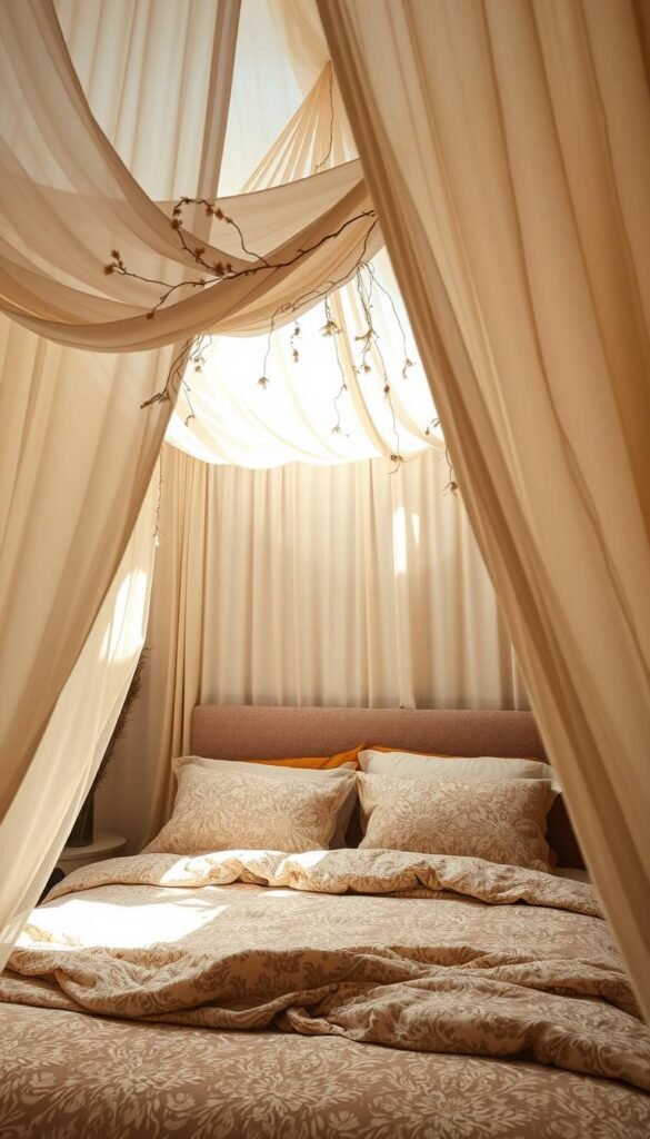 A dreamy, boho-inspired bed canopy floats effortlessly above a plush, patterned bedding set. Cascading sheer curtains in soft, earthy tones frame the scene, creating an intimate, cocooning ambiance. Delicate, trailing vines and wispy dried florals adorn the canopy's structure, casting a warm, romantic glow from the dappled lighting filtering through. The camera captures this serene, bohemian oasis from a low angle, accentuating the canopy's airy, dreamy presence and inviting the viewer to sink into the tranquil, relaxing atmosphere.