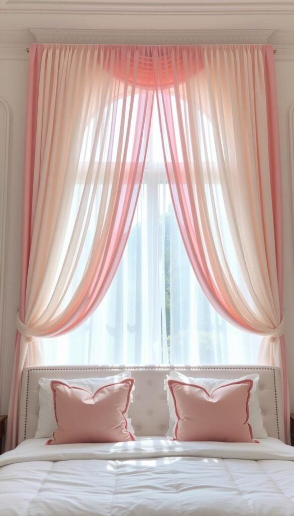 A dreamy, elegant bedroom setting with a stunning combination of soft pink and pristine white curtains. The curtains are draped in a luxurious, cascading manner, framing a large window that allows natural light to pour in, casting a warm, inviting glow. The curtains are made of high-quality, sheer fabric that gently sways in the breeze, creating a serene, ethereal atmosphere. The room is decorated with plush, white bedding, accented by delicate, pink throw pillows and a tufted, upholstered headboard. The overall mood is one of tranquility, sophistication, and timeless beauty. A dreamy, elegant bedroom setting with a stunning combination of soft pink and pristine white curtains. The curtains are draped in a luxurious, cascading manner, framing a large window that allows natural light to pour in, casting a warm, inviting glow. The curtains are made of high-quality, sheer fabric that gently sways in the breeze, creating a serene, ethereal atmosphere. The room is decorated with plush, white bedding, accented by delicate, pink throw pillows and a tufted, upholstered headboard. The overall mood is one of tranquility, sophistication, and timeless beauty.