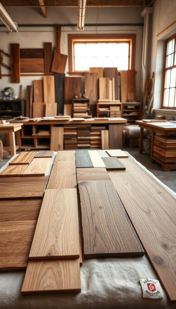 A finely curated selection of classic wood types and finishes, meticulously arranged to showcase their unique grains, textures, and hues. In the foreground, a selection of sanded, polished, and oiled wood samples in warm tones of oak, maple, and cherry, laid out on a natural linen backdrop. In the middle ground, a gallery of wood panels with various stains, varnishes, and washes, demonstrating the versatility of these timeless materials. The background features a softly lit, artisanal workshop setting, with tools, workbenches, and the gentle glow of natural daylight filtering through large windows, creating a sense of craftsmanship and attention to detail. The overall composition conveys the timeless beauty and enduring appeal of classic wood furniture design.