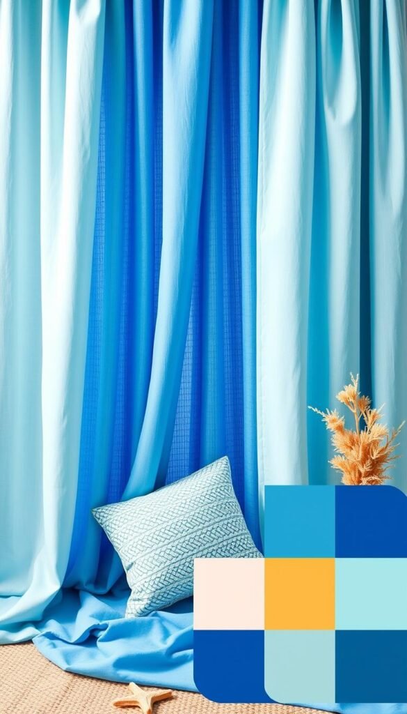 A harmonious array of color palette combinations for a sky blue curtain backdrop. Vibrant hues of azure, cerulean, and sapphire are accented by soft pastels of seafoam, mint, and powder blue. Complementary splashes of citrus yellow, coral, and earthy neutrals add depth and balance. The composition is layered with geometric patterns and organic textures, creating a serene and cohesive aesthetic. Captured in natural, diffused lighting to evoke a coastal ambiance. The palette showcases a versatile range of options to pair with a timeless blue curtain in a bedroom setting.