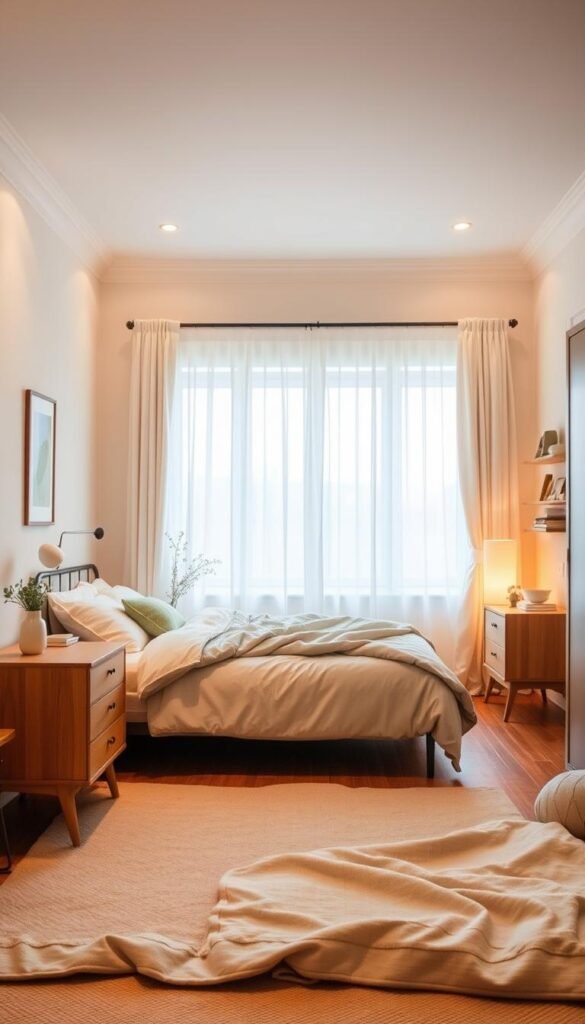 A harmonious color palette for a small, cozy bedroom. Soft, muted tones create an inviting, expansive atmosphere. In the foreground, a soothing mix of beige, sage, and soft blue hues. In the middle ground, mid-century modern furniture in natural wood tones. The background features a tranquil, light-filled window, with sheer white curtains gently billowing. Warm, ambient lighting casts a gentle glow, enhancing the sense of calm and serenity. A balanced, cohesive palette that visually expands the space, perfect for a relaxing, restorative retreat. A harmonious color palette for a small, cozy bedroom. Soft, muted tones create an inviting, expansive atmosphere. In the foreground, a soothing mix of beige, sage, and soft blue hues. In the middle ground, mid-century modern furniture in natural wood tones. The background features a tranquil, light-filled window, with sheer white curtains gently billowing. Warm, ambient lighting casts a gentle glow, enhancing the sense of calm and serenity. A balanced, cohesive palette that visually expands the space, perfect for a relaxing, restorative retreat.