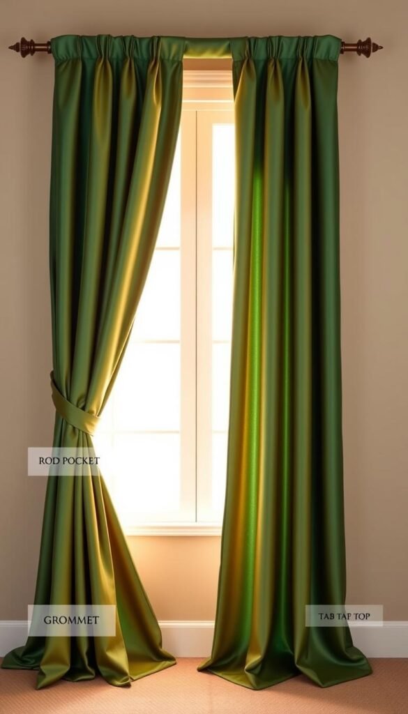 A high-quality, well-lit studio photograph showcasing a variety of elegant curtain header styles against a neutral background. The centerpiece features a luxurious emerald green curtain panel with a beautifully tailored pinch pleat header, accentuated by warm side lighting and a shallow depth of field. Surrounding it are other header options like rod pocket, grommet, and tab top, all displayed in a visually appealing arrangement to inspire and inform the reader's curtain selection. The overall mood is one of refined sophistication, highlighting the diversity of curtain header design to complement an opulent, jewel-toned bedroom aesthetic. A high-quality, well-lit studio photograph showcasing a variety of elegant curtain header styles against a neutral background. The centerpiece features a luxurious emerald green curtain panel with a beautifully tailored pinch pleat header, accentuated by warm side lighting and a shallow depth of field. Surrounding it are other header options like rod pocket, grommet, and tab top, all displayed in a visually appealing arrangement to inspire and inform the reader's curtain selection. The overall mood is one of refined sophistication, highlighting the diversity of curtain header design to complement an opulent, jewel-toned bedroom aesthetic.