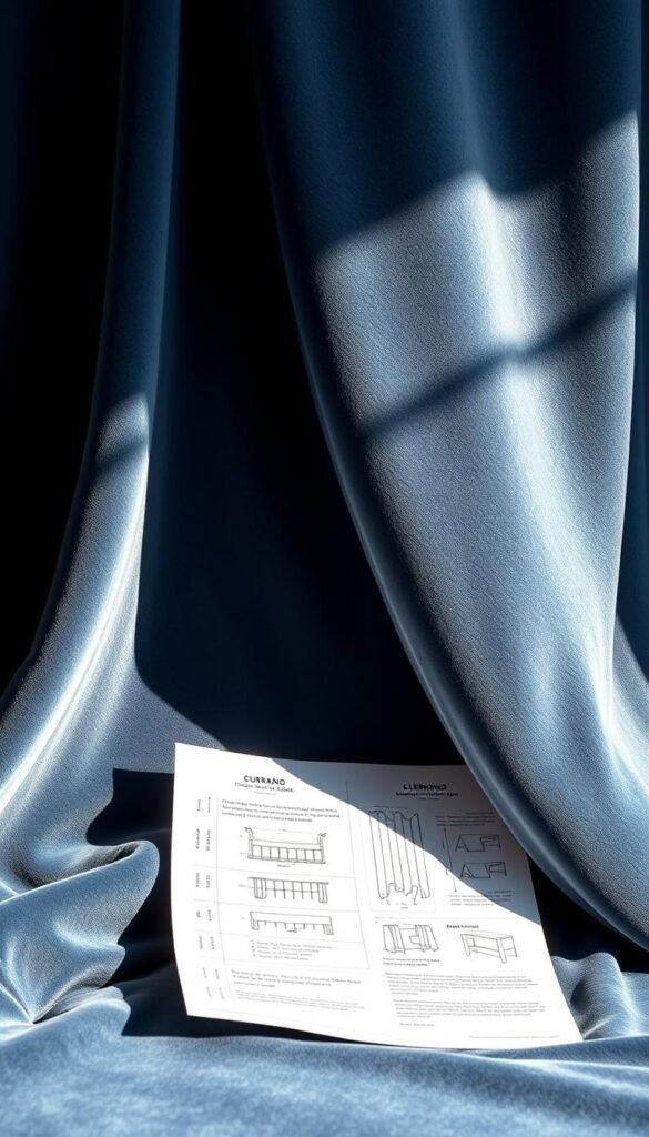 A highly detailed, meticulously rendered curtain measurement guide, presented against a soft, elegant backdrop. The guide features a series of precise diagrams and technical specifications, displayed on a luxurious blue velvet surface. Warm, directional lighting illuminates the scene, casting subtle shadows and highlights that accentuate the textural richness of the velvet. The composition is balanced and visually striking, with a focus on clarity and practicality, while maintaining an air of sophistication befitting a high-end bedroom setting.