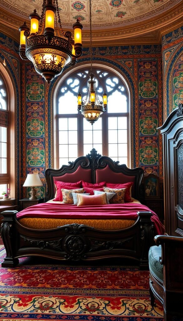 A lavish Turkish-inspired bedroom with ornate carved wooden bed frame and plush velvet upholstery. Ornamental pendant lights cast a warm amber glow, highlighting intricate wall patterns of Iznik tiles in deep blues, greens, and ochres. Sumptuous textiles in jewel-toned hues adorn the bed, with plush decorative pillows and a soft, patterned rug underfoot. Intricately carved wooden nightstands with brass accents flank the bed, while a stately armoire stands in the corner. Tall windows allow natural light to filter in, creating a cozy and opulent atmosphere. A lavish Turkish-inspired bedroom with ornate carved wooden bed frame and plush velvet upholstery. Ornamental pendant lights cast a warm amber glow, highlighting intricate wall patterns of Iznik tiles in deep blues, greens, and ochres. Sumptuous textiles in jewel-toned hues adorn the bed, with plush decorative pillows and a soft, patterned rug underfoot. Intricately carved wooden nightstands with brass accents flank the bed, while a stately armoire stands in the corner. Tall windows allow natural light to filter in, creating a cozy and opulent atmosphere.