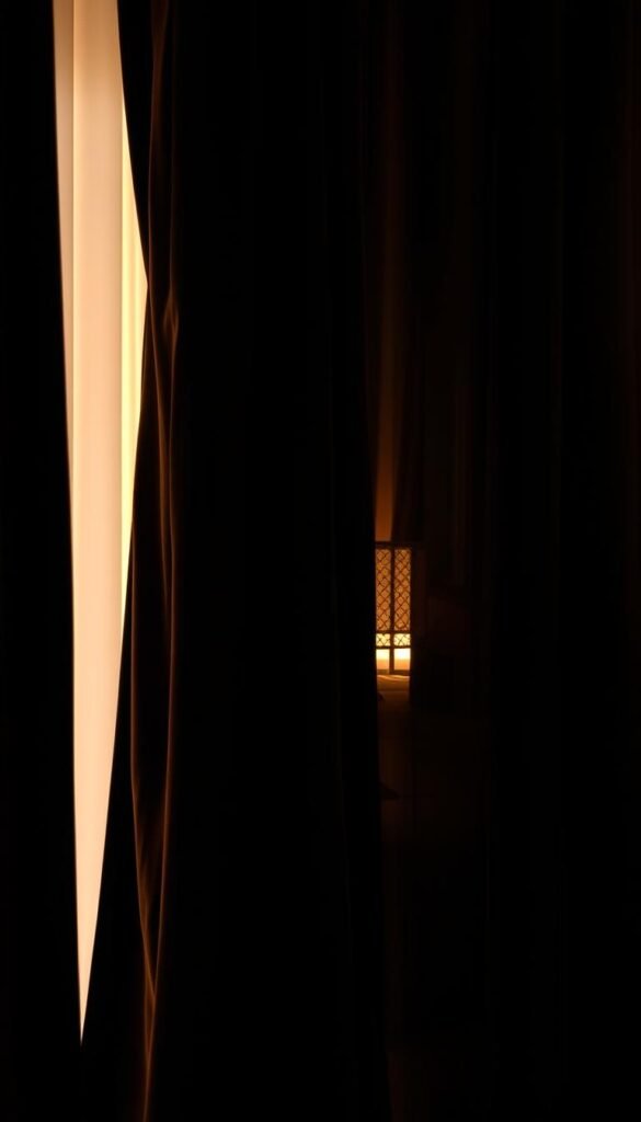 A lavish black velvet curtain cascades gracefully, its deep hues illuminated by warm, soft lighting. The fabric drapes elegantly, creating a sense of luxurious opulence. In the background, a glimpse of a cozy, dimly lit bedroom sets the mood, hinting at the curtain's ability to transform the space into a private, intimate sanctuary. The overall composition conveys the curtain's power to add drama, elegance, and a touch of mystery to a bedroom's ambiance.