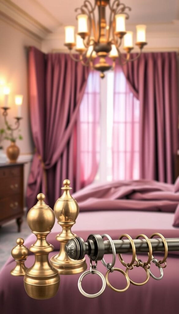 A lavishly furnished bedroom with mauve curtains takes center stage, its soft, romantic ambiance highlighted by warm lighting from a wrought-iron chandelier. In the foreground, a curated selection of high-quality curtain hardware - gleaming brass finials, sleek metal rods, and decorative rings - is artfully displayed, inviting the viewer to imagine how these elements would perfectly complement the elegant curtains. The middle ground showcases the curtains themselves, their rich, velvety texture and gentle folds hinting at the luxurious fabric. The background fades into a dreamy, out-of-focus scene, emphasizing the focal point of the hardware display. This image captures the essence of selecting the right hardware to accentuate the beauty of mauve bedroom curtains, creating a sense of refined, sophisticated style. A lavishly furnished bedroom with mauve curtains takes center stage, its soft, romantic ambiance highlighted by warm lighting from a wrought-iron chandelier. In the foreground, a curated selection of high-quality curtain hardware - gleaming brass finials, sleek metal rods, and decorative rings - is artfully displayed, inviting the viewer to imagine how these elements would perfectly complement the elegant curtains. The middle ground showcases the curtains themselves, their rich, velvety texture and gentle folds hinting at the luxurious fabric. The background fades into a dreamy, out-of-focus scene, emphasizing the focal point of the hardware display. This image captures the essence of selecting the right hardware to accentuate the beauty of mauve bedroom curtains, creating a sense of refined, sophisticated style.