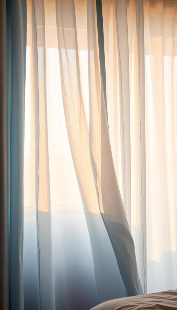 A light blue curtain fabric billows softly in a gentle breeze, diffusing warm sunlight into a serene, airy bedroom. The delicate, semi-sheer material hangs in graceful folds, its texture and subtle pattern adding visual interest. Captured with a medium-wide angle lens, the scene has a calming, natural ambiance, highlighting the fabric's breathability and ability to create a tranquil, relaxing atmosphere. Warm, golden hour lighting casts a soft glow, emphasizing the curtain's beautiful color and drape. The overall mood is one of effortless style and comfort, perfectly suited for a peaceful, inviting bedroom design. A light blue curtain fabric billows softly in a gentle breeze, diffusing warm sunlight into a serene, airy bedroom. The delicate, semi-sheer material hangs in graceful folds, its texture and subtle pattern adding visual interest. Captured with a medium-wide angle lens, the scene has a calming, natural ambiance, highlighting the fabric's breathability and ability to create a tranquil, relaxing atmosphere. Warm, golden hour lighting casts a soft glow, emphasizing the curtain's beautiful color and drape. The overall mood is one of effortless style and comfort, perfectly suited for a peaceful, inviting bedroom design.