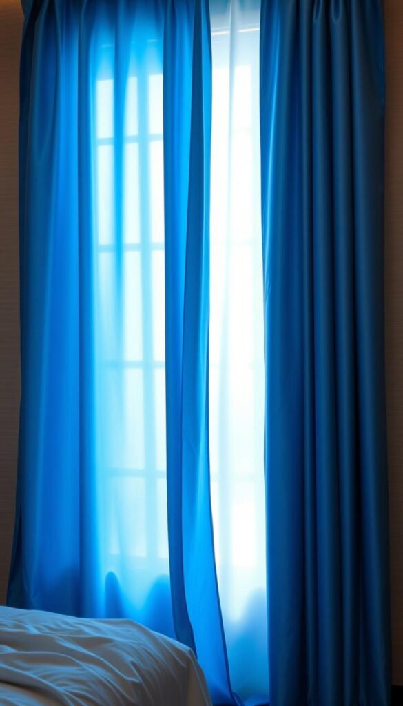 A lush, flowing curtain of pure azure blue silk, cascading in graceful folds across a bedroom window. The fabric glimmers softly, its sumptuous texture inviting touch. Overhead, a warm, diffused light bathes the scene, casting a serene, calming glow. In the foreground, the curtain billows slightly, hinting at a gentle breeze, while the background fades into a subtly textured, neutral-toned wall, allowing the vibrant blue to take center stage. This image captures the essence of luxurious, relaxing bedroom decor, where the material choices elevate the space to a tranquil haven.