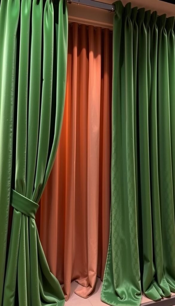 A luxurious and inviting selection of lush green velvet curtains, their soft folds cascading gracefully against a backdrop of warm, ambient lighting. The curtains are displayed in a high-end showroom, with a focus on their exquisite texture and rich color. The scene evokes a sense of regality and comfort, perfectly capturing the essence of the "royal and cozy" theme. The camera angle is slightly elevated, allowing the viewer to appreciate the full height and grandeur of the curtains. The lighting is subtle and flattering, highlighting the depth and sheen of the velvet fabric. A luxurious and inviting selection of lush green velvet curtains, their soft folds cascading gracefully against a backdrop of warm, ambient lighting. The curtains are displayed in a high-end showroom, with a focus on their exquisite texture and rich color. The scene evokes a sense of regality and comfort, perfectly capturing the essence of the "royal and cozy" theme. The camera angle is slightly elevated, allowing the viewer to appreciate the full height and grandeur of the curtains. The lighting is subtle and flattering, highlighting the depth and sheen of the velvet fabric.