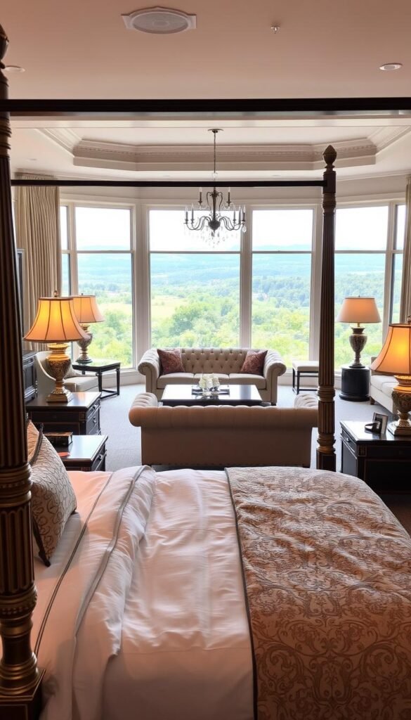 A luxurious and well-appointed bedroom filled with elegant, high-end furniture. In the foreground, a grand, four-poster bed with plush bedding and decorative pillows. Beside it, a pair of matching nightstands with ornate lamps casting a warm, inviting glow. In the middle ground, a spacious seating area featuring a tufted chesterfield sofa and armchairs arranged around a central coffee table. The background reveals large windows overlooking a serene, natural landscape, allowing natural light to filter in and create a soft, ethereal ambiance. The overall atmosphere exudes sophistication, comfort, and a sense of timeless, refined style.