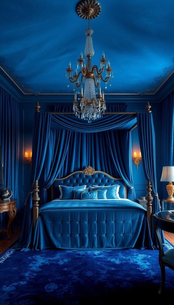 A luxurious bedroom awash in the rich, velvety tones of blue. Sumptuous blue velvet curtains cascade elegantly from the ceiling, framing a lavish four-poster bed draped in matching fabric. Soft, indirect lighting casts a warm, intimate glow, highlighting the plush textures and sumptuous details. Ornate wall sconces and a sparkling crystal chandelier add a touch of opulence, while a deep, navy area rug grounds the space. Tasteful gold accents and antique-inspired furnishings lend an air of refined sophistication. The overall effect is one of opulent, enveloping comfort - a haven of blue velvet elegance.
