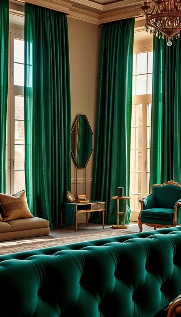 A luxurious bedroom interior with emerald green curtains, highlighting various design styles. The foreground features a sumptuous, velvet tufted headboard in a rich, jewel-toned hue, complemented by plush throw pillows. The middle ground showcases a tasteful mix of traditional and contemporary furnishings, including a sleek, metal-framed side table and a vintage armchair. The background reveals tall windows draped with shimmering, emerald green curtains, casting a warm, golden light throughout the space. The overall atmosphere conveys a sense of elegance, comfort, and timeless sophistication. A luxurious bedroom interior with emerald green curtains, highlighting various design styles. The foreground features a sumptuous, velvet tufted headboard in a rich, jewel-toned hue, complemented by plush throw pillows. The middle ground showcases a tasteful mix of traditional and contemporary furnishings, including a sleek, metal-framed side table and a vintage armchair. The background reveals tall windows draped with shimmering, emerald green curtains, casting a warm, golden light throughout the space. The overall atmosphere conveys a sense of elegance, comfort, and timeless sophistication.