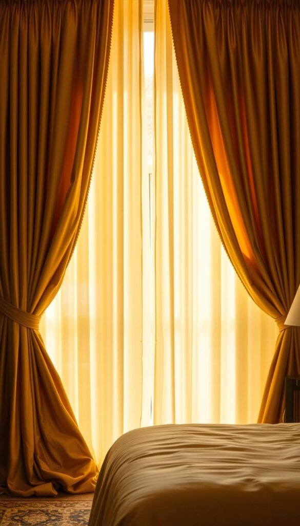 A luxurious bedroom scene with opulent gold curtains that gracefully frame the window, allowing soft, warm light to filter through. The curtains are made of a rich, heavy fabric that cascades in elegant folds, creating a sumptuous and inviting atmosphere. The light from the window casts a golden glow across the room, illuminating the space and adding a touch of glamour. The curtains are fitted with a discreet, modern light control system, allowing the user to effortlessly adjust the brightness and ambiance to suit their mood or needs. The overall effect is one of timeless elegance and a sense of opulence, perfectly complementing the gold bedroom decor.