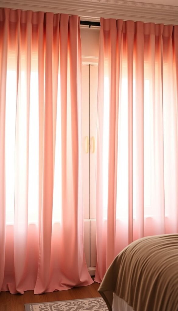 A luxurious bedroom setting with elegant, flowing pink blackout curtains adorning the windows. The soft, delicate fabric cascades gracefully, creating a sense of refined sophistication. Warm, diffused lighting filters through the curtains, casting a gentle, flattering glow on the surrounding space. The curtains are tailored with precise stitching and subtle details, blending seamless functionality with visual appeal. In the foreground, the curtains frame a serene, feminine scene, while the background suggests a cozy, inviting atmosphere. The overall composition conveys a harmonious balance of style and practicality, perfectly suited for the "Blush Pink Bedroom Curtains That Feel Feminine" article.