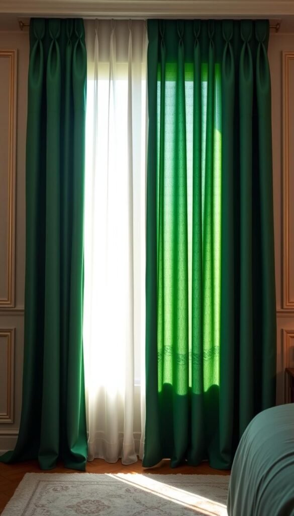 A luxurious blackout curtain made of premium, heavy-duty fabric hangs in an elegant, well-lit bedroom. The curtain cascades gracefully, blocking out all external light to create a cozy, private sanctuary. Soft, warm lighting filters through the fabric, casting a gentle glow and highlighting the rich, emerald green color. The curtain's folds and pleats are captured in sharp detail, conveying a sense of quality and craftsmanship. The overall scene evokes a feeling of tranquility and relaxation, perfectly suited for a restful, restorative sleep. A luxurious blackout curtain made of premium, heavy-duty fabric hangs in an elegant, well-lit bedroom. The curtain cascades gracefully, blocking out all external light to create a cozy, private sanctuary. Soft, warm lighting filters through the fabric, casting a gentle glow and highlighting the rich, emerald green color. The curtain's folds and pleats are captured in sharp detail, conveying a sense of quality and craftsmanship. The overall scene evokes a feeling of tranquility and relaxation, perfectly suited for a restful, restorative sleep.