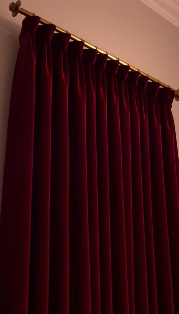 A luxurious burgundy curtain, its plush velvet fabric cascading elegantly in soft folds. The curtain is hung from a sleek, minimalist brass curtain rod, casting a warm glow across the scene. Dramatic lighting illuminates the curtain, accentuating its rich, jewel-toned color and creating a cozy, inviting atmosphere. The curtain's intricate pleats and gathers are captured in sharp detail, hinting at the craftsmanship and quality of the material. The curtain is the focal point of the image, set against a muted, neutral background that allows it to take center stage and showcase its timeless, sophisticated appeal. A luxurious burgundy curtain, its plush velvet fabric cascading elegantly in soft folds. The curtain is hung from a sleek, minimalist brass curtain rod, casting a warm glow across the scene. Dramatic lighting illuminates the curtain, accentuating its rich, jewel-toned color and creating a cozy, inviting atmosphere. The curtain's intricate pleats and gathers are captured in sharp detail, hinting at the craftsmanship and quality of the material. The curtain is the focal point of the image, set against a muted, neutral background that allows it to take center stage and showcase its timeless, sophisticated appeal.