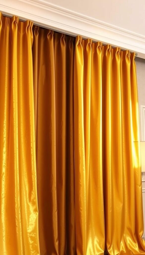 A luxurious curtain of rich, shimmering gold fabric cascades elegantly, catching the light and casting a warm glow throughout the room. The plush, high-quality material flows in graceful folds, its luster and depth hinting at its premium quality. Soft, directional lighting from above accentuates the fabric's sumptuous texture, creating highlights and shadows that add depth and dimension. In the background, a subtly textured, neutral wall provides a refined backdrop, allowing the captivating curtains to be the focal point. This scene exudes a sense of opulence and sophistication, perfectly capturing the essence of "Exploring Our Premium Gold Curtain Fabrics".