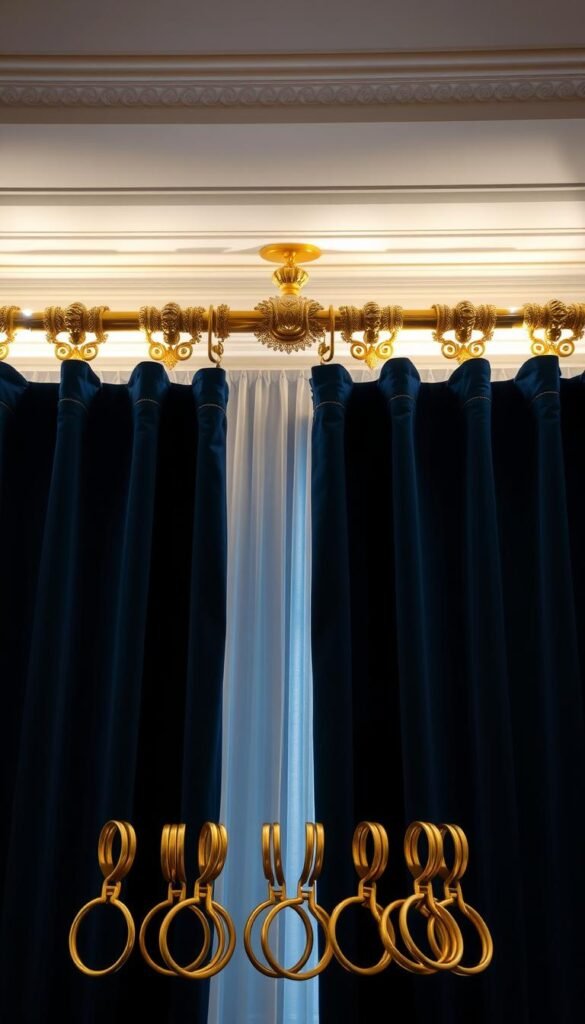 A luxurious gold curtain rod system, adorned with gleaming finials and ornate brackets, casts a warm glow across the opulent space. Strategically positioned lighting highlights the intricate details, creating a sense of grandeur. In the foreground, a collection of matching gold curtain rings and tie-backs sit neatly arranged, ready to complete the elegant aesthetic. The overall composition exudes a timeless, high-end ambiance, perfectly complementing the navy blue curtains that frame the scene. A luxurious gold curtain rod system, adorned with gleaming finials and ornate brackets, casts a warm glow across the opulent space. Strategically positioned lighting highlights the intricate details, creating a sense of grandeur. In the foreground, a collection of matching gold curtain rings and tie-backs sit neatly arranged, ready to complete the elegant aesthetic. The overall composition exudes a timeless, high-end ambiance, perfectly complementing the navy blue curtains that frame the scene.