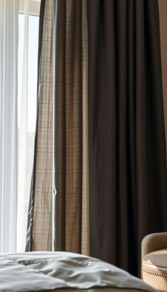 A luxurious, high-quality set of premium linen charcoal curtains billows softly in a warm, natural light. The fabric has a rich, textured appearance and a subtle sheen, creating a sophisticated and elegant atmosphere. The curtains hang gracefully, their folds and drapes accentuating the depth and depth of the charcoal hue. In the foreground, the detailed weave and intricate stitching of the linen is clearly visible, showcasing the exceptional craftsmanship. The background is slightly blurred, drawing the focus to the captivating presence of the curtains. The overall scene exudes a sense of refined luxury and timeless style, perfectly complementing the "Charcoal Curtains for a Sophisticated Bedroom" theme.