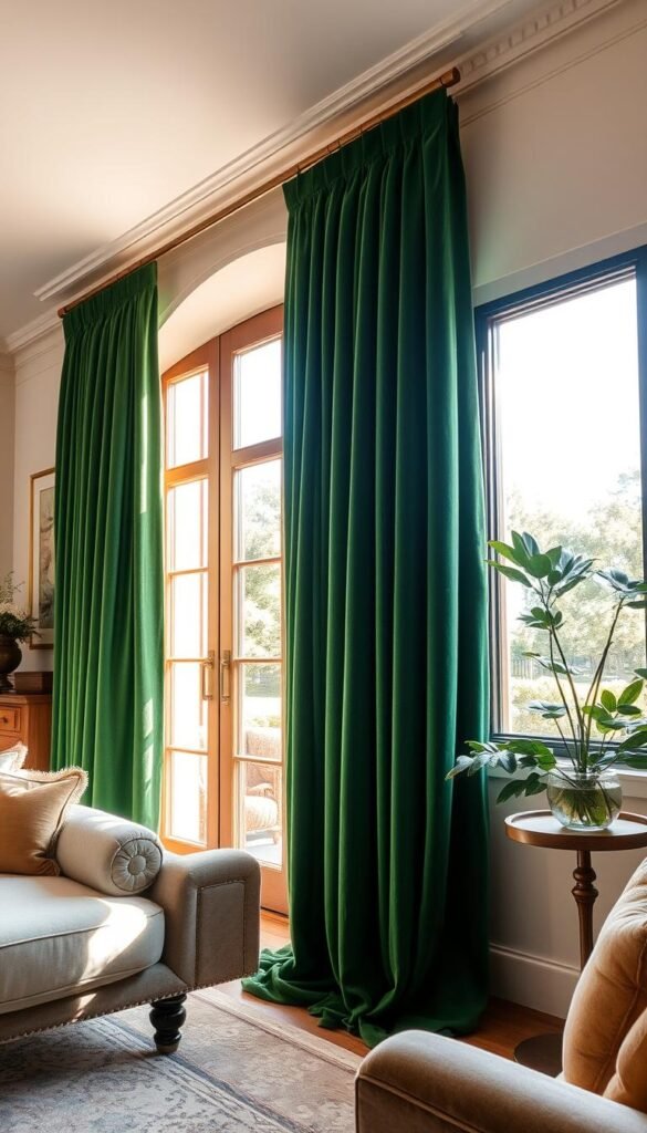 A luxurious living space bathed in soft, natural light, showcasing a pair of lush, green velvet curtains draped elegantly across a large picture window. The curtains cascade gracefully, their sumptuous texture and deep hue creating a sense of opulence and comfort. The living area is adorned with plush, complementary furnishings, inviting one to sink into the cozy embrace of the space. The overall scene conveys a feeling of regal sophistication, where the green velvet curtains serve as the centerpiece, elevating the room to a realm of refined elegance. A luxurious living space bathed in soft, natural light, showcasing a pair of lush, green velvet curtains draped elegantly across a large picture window. The curtains cascade gracefully, their sumptuous texture and deep hue creating a sense of opulence and comfort. The living area is adorned with plush, complementary furnishings, inviting one to sink into the cozy embrace of the space. The overall scene conveys a feeling of regal sophistication, where the green velvet curtains serve as the centerpiece, elevating the room to a realm of refined elegance.