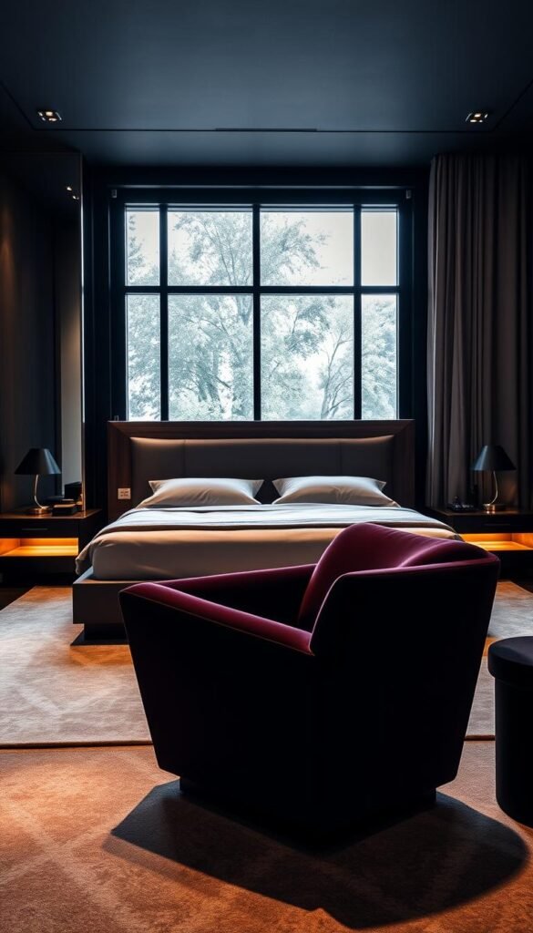 A luxurious modern bedroom with bold, statement furniture pieces. In the foreground, a sleek, minimalist king-sized bed with a dramatic headboard in rich, dark wood. Flanking the bed, a pair of modern, angular nightstands with integrated lighting. In the middle ground, a striking, angular armchair in a deep, jewel-toned velvet. A floor-to-ceiling window in the background, allowing natural light to stream in and illuminate the space. The room has a moody, sophisticated atmosphere, with warm, indirect lighting casting a soft glow. The overall look is one of refined elegance and impactful design.