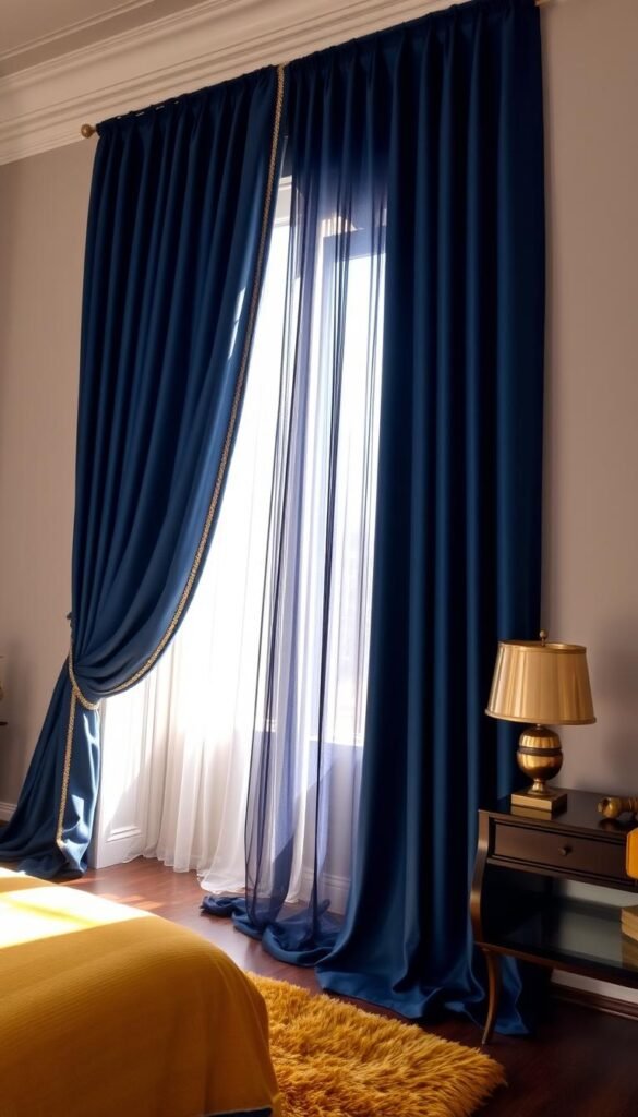 A luxurious navy blue curtain, its rich hue accentuated by delicate golden trim, cascades elegantly across a sun-drenched bedroom window. The curtain's soft folds create a captivating play of light and shadow, evoking a sense of sophistication and opulence. In the foreground, a plush, gold-toned rug complements the curtain's palette, while the middle ground features a harmonious arrangement of dark wood furniture and metallic accents. The background showcases a serene, neutral-toned wall, allowing the vibrant curtain and its coordinating elements to take center stage. Warm, directional lighting casts a gentle glow, heightening the overall elegance and grandeur of the scene. A luxurious navy blue curtain, its rich hue accentuated by delicate golden trim, cascades elegantly across a sun-drenched bedroom window. The curtain's soft folds create a captivating play of light and shadow, evoking a sense of sophistication and opulence. In the foreground, a plush, gold-toned rug complements the curtain's palette, while the middle ground features a harmonious arrangement of dark wood furniture and metallic accents. The background showcases a serene, neutral-toned wall, allowing the vibrant curtain and its coordinating elements to take center stage. Warm, directional lighting casts a gentle glow, heightening the overall elegance and grandeur of the scene.