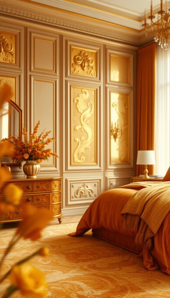 A luxurious palette of golden hues, meticulously crafted to evoke a sense of opulence and grandeur. In the foreground, a harmonious blend of shimmering ochres, burnished ambers, and radiant saffrons create a mesmerizing tapestry of warmth and elegance. The middle ground features carefully curated accents of gilded tones, adding depth and dimension to the composition. In the background, a subtle interplay of subtle champagne and buttery ivories sets the stage for this captivating color symphony. Soft, diffused lighting casts a gentle glow, imbuing the scene with a sense of timeless sophistication. Captured through a wide-angle lens, this opulent palette exudes an air of refined luxury, perfectly suited to adorn the most elegant of gold-themed bedrooms.