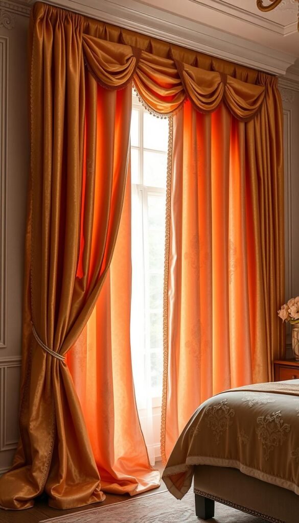 A luxurious, softly-lit girls bedroom adorned with voluminous, floor-to-ceiling curtains in shimmering gold and rose-colored velvet. The curtains cascade in elegant folds, illuminated by a warm glow from a nearby window. Delicate embroidery patterns and subtle metallic accents add an opulent, regal touch. The bedroom is set against a backdrop of pale, neutral walls, allowing the curtains to be the focal point. The overall atmosphere is one of refined, feminine sophistication, inviting the viewer to imagine relaxing in this cozy, luxurious space.