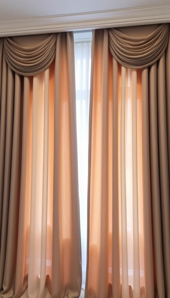 A luxuriously layered window treatment featuring floor-to-ceiling taupe curtains with intricate pleated detailing. The curtains elegantly drape over a sleek, modern cornice board, casting soft, diffused lighting across the room. In the foreground, delicate voile sheers add a gossamer veil, while in the middle ground, blackout lining ensures privacy and light control. The overall aesthetic evokes a serene, sophisticated ambiance, perfectly complementing a neutral-toned, minimalist bedroom design.