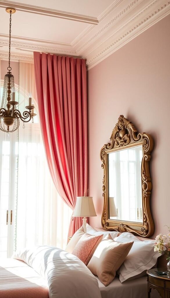 A luxuriously plush velvet pink curtain hangs gracefully in a high-ceilinged, sun-drenched bedroom. The curtains are shimmering and opulent, drawing the eye to the focal point of the space. Soft, diffused lighting filters through the sumptuous fabric, creating an inviting and tranquil atmosphere. The curtains are paired with crisp white bedding and accented by delicate floral decor, lending a serene and harmonious ambiance. A large, ornate mirror reflects the scene, adding depth and visual interest. The overall effect is one of indulgent sophistication and dreamlike comfort. A luxuriously plush velvet pink curtain hangs gracefully in a high-ceilinged, sun-drenched bedroom. The curtains are shimmering and opulent, drawing the eye to the focal point of the space. Soft, diffused lighting filters through the sumptuous fabric, creating an inviting and tranquil atmosphere. The curtains are paired with crisp white bedding and accented by delicate floral decor, lending a serene and harmonious ambiance. A large, ornate mirror reflects the scene, adding depth and visual interest. The overall effect is one of indulgent sophistication and dreamlike comfort.