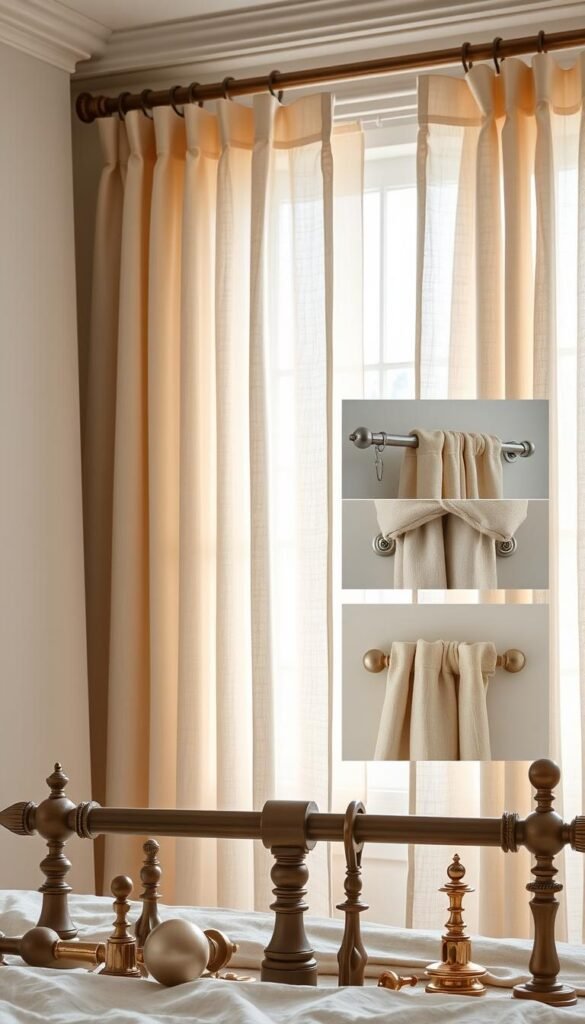 A meticulously composed interior scene showcasing an elegant assortment of curtain pleat styles and hardware options. Soft, diffused natural lighting filters through sheer, linen-textured curtains, illuminating the subtle folds and pleats that cascade gracefully. In the foreground, a variety of curtain rods, finials, and decorative hardware are displayed, highlighting the diverse range of design possibilities. The middle ground features close-up details of different pleat types, from classic box pleats to contemporary inverted pleats, each casting delicate shadows. The background subtly blends a serene, muted palette, allowing the curtain elements to take center stage. This visually captivating scene invites the viewer to imagine the versatile ways curtains can transform and soften a bedroom space.