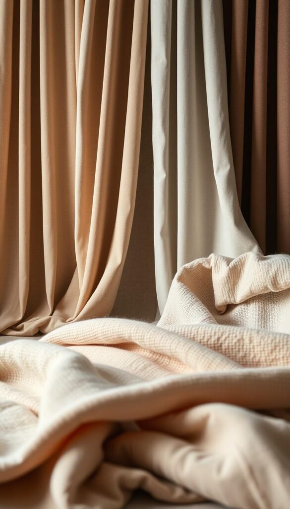 A meticulously lit studio scene showcasing a diverse arrangement of textured curtain materials. In the foreground, a selection of sumptuous fabrics - velvet, linen, and chenille - draped elegantly, their unique tactile qualities highlighted by soft, natural lighting. The middle ground features close-up details, emphasizing the nuanced textures and weaves that elevate each material. In the background, a muted, earthy-toned backdrop subtly complements the warm, inviting tones of the curtain samples, creating a cohesive, serene atmosphere. Captured with a high-resolution camera lens, this comparative display allows the viewer to fully appreciate the subtle differences that make each curtain material uniquely suited to creating a cozy, enveloping ambiance in the bedroom. A meticulously lit studio scene showcasing a diverse arrangement of textured curtain materials. In the foreground, a selection of sumptuous fabrics - velvet, linen, and chenille - draped elegantly, their unique tactile qualities highlighted by soft, natural lighting. The middle ground features close-up details, emphasizing the nuanced textures and weaves that elevate each material. In the background, a muted, earthy-toned backdrop subtly complements the warm, inviting tones of the curtain samples, creating a cohesive, serene atmosphere. Captured with a high-resolution camera lens, this comparative display allows the viewer to fully appreciate the subtle differences that make each curtain material uniquely suited to creating a cozy, enveloping ambiance in the bedroom.